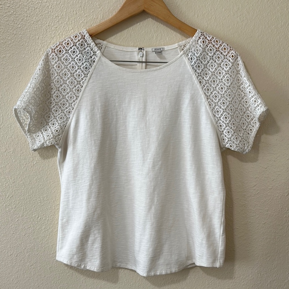 J. Crew White Cotton Short Sleeve T-Shirt with Lace Sleeves